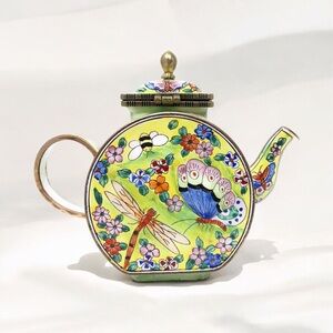 2001 Kelvin Chen Miniature Enamel Copper Decorative Teapot Butterfly Dragonfly ￼